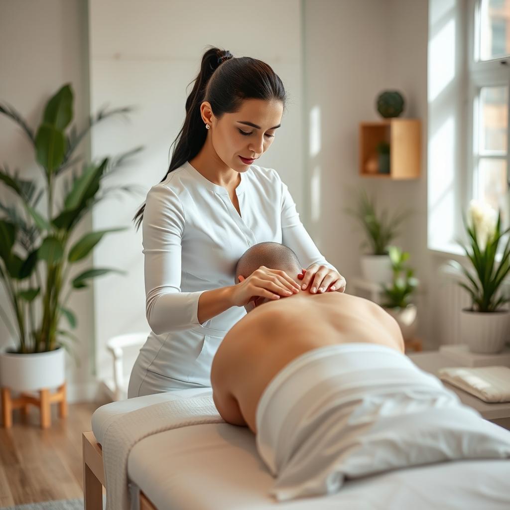 A professional woman physiotherapist demonstrating meridian therapy techniques in a bright, tranquil clinic setting