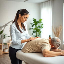 A professional woman physiotherapist demonstrating meridian therapy techniques in a bright, tranquil clinic setting
