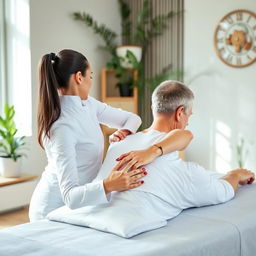 A professional woman physiotherapist demonstrating meridian therapy techniques in a bright, tranquil clinic setting