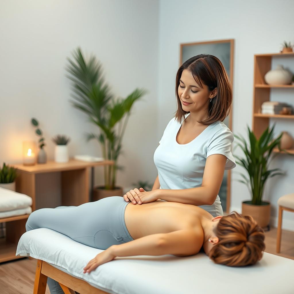 A dedicated woman physiotherapist demonstrating meridian therapy techniques in a serene and welcoming clinic environment