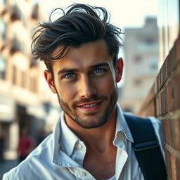 A handsome male model with striking features, deep blue eyes, and a charismatic smile