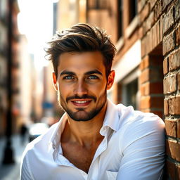 A handsome male model with striking features, deep blue eyes, and a charismatic smile