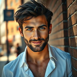 A handsome male model with striking features, deep blue eyes, and a charismatic smile