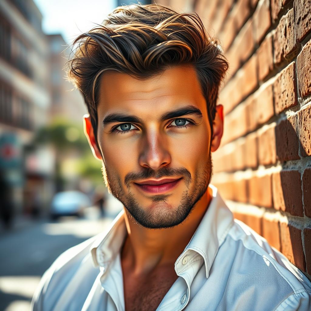 A handsome male model with striking features, deep blue eyes, and a charismatic smile