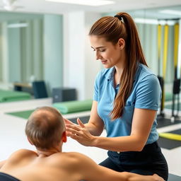A professional female physiotherapist in a modern clinic setting, focused on treating a patient with a meridian therapy technique