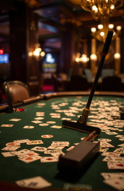 A dramatic scene set in a luxurious casino, featuring a dark green poker table adorned with an array of colorful playing cards scattered across its surface