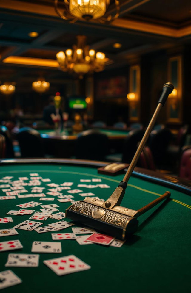 A dramatic scene set in a luxurious casino, featuring a dark green poker table adorned with an array of colorful playing cards scattered across its surface
