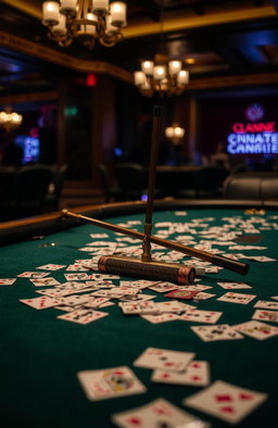 A dramatic scene set in a luxurious casino, featuring a dark green poker table adorned with an array of colorful playing cards scattered across its surface