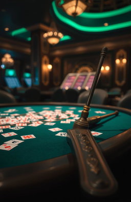 A dramatic scene set in a luxurious casino, featuring a dark green poker table adorned with an array of colorful playing cards scattered across its surface