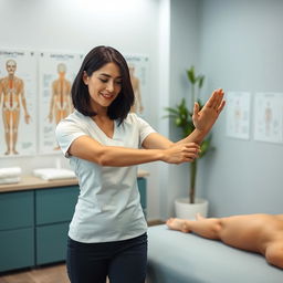 A professional female physiotherapist specializing in meridian therapy, depicted in a clean, modern clinic environment