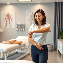 A professional female physiotherapist specializing in meridian therapy, depicted in a clean, modern clinic environment