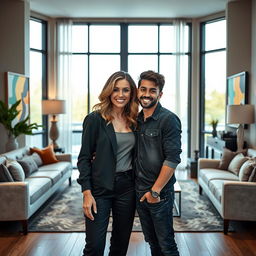 A stunning and glamorous mother and son posing together in a stylish living room