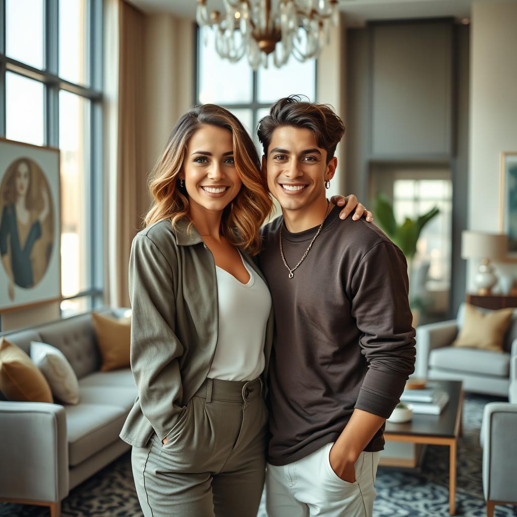 A stunning and glamorous mother and son posing together in a stylish living room