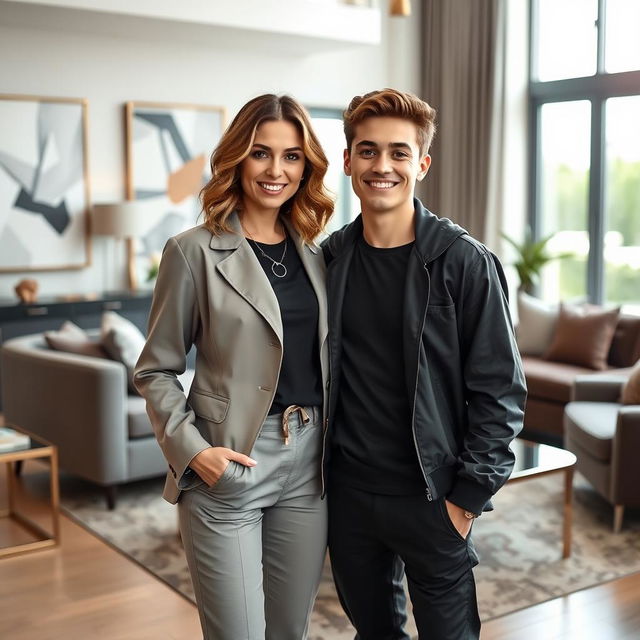 A stunning and glamorous mother and son posing together in a stylish living room