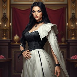 A portrait of Amanda Torquatus, co-empress of the Vespermere Empire, standing confidently in a traditionally styled black and white dress with a white capelet