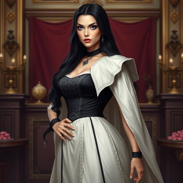 A portrait of Amanda Torquatus, co-empress of the Vespermere Empire, standing confidently in a traditionally styled black and white dress with a white capelet