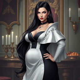 A portrait of Amanda Torquatus, co-empress of the Vespermere Empire, standing confidently in a traditionally styled black and white dress with a white capelet