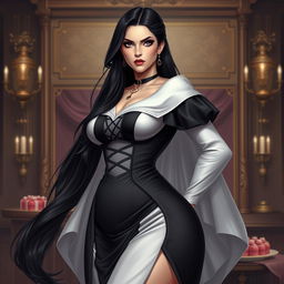 A portrait of Amanda Torquatus, co-empress of the Vespermere Empire, standing confidently in a traditionally styled black and white dress with a white capelet