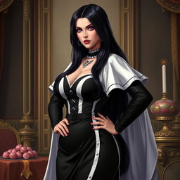 A portrait of Amanda Torquatus, co-empress of the Vespermere Empire, standing confidently in a traditionally styled black and white dress with a white capelet