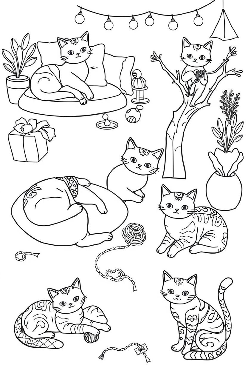 A beautifully designed coloring book page featuring various playful cats in whimsical and relaxing environments