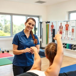 A confident female physiotherapist demonstrating her skills in a bright and modern clinic