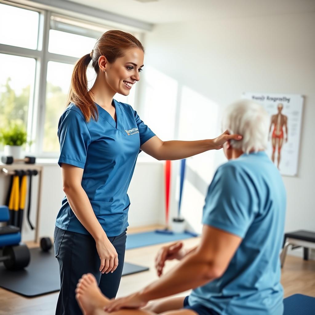 A confident female physiotherapist demonstrating her skills in a bright and modern clinic