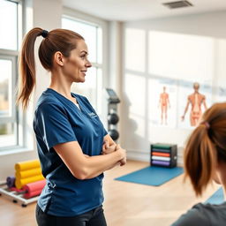 A confident female physiotherapist demonstrating her skills in a bright and modern clinic