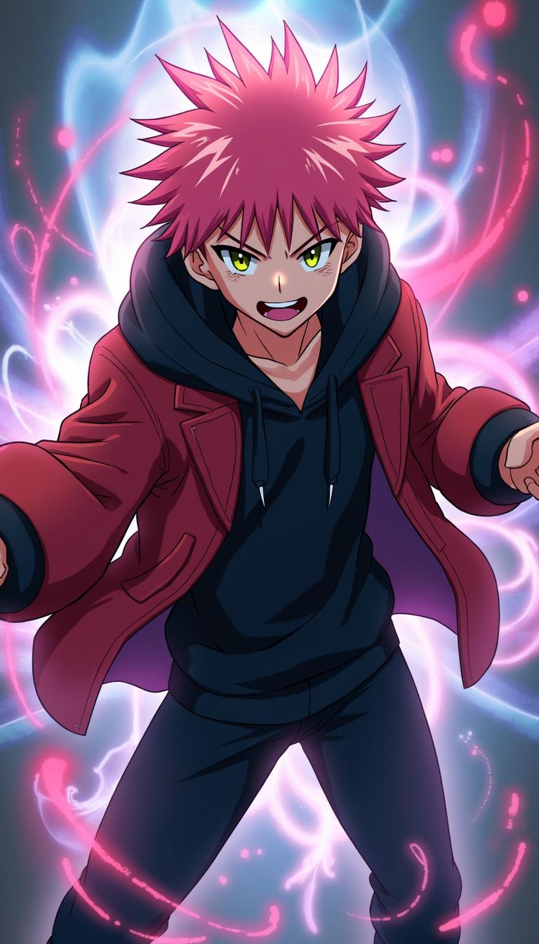 A dynamic and energetic illustration of Itadori Yuji, the main character from Jujutsu Kaisen, standing confidently in his signature black hoodie and red jacket