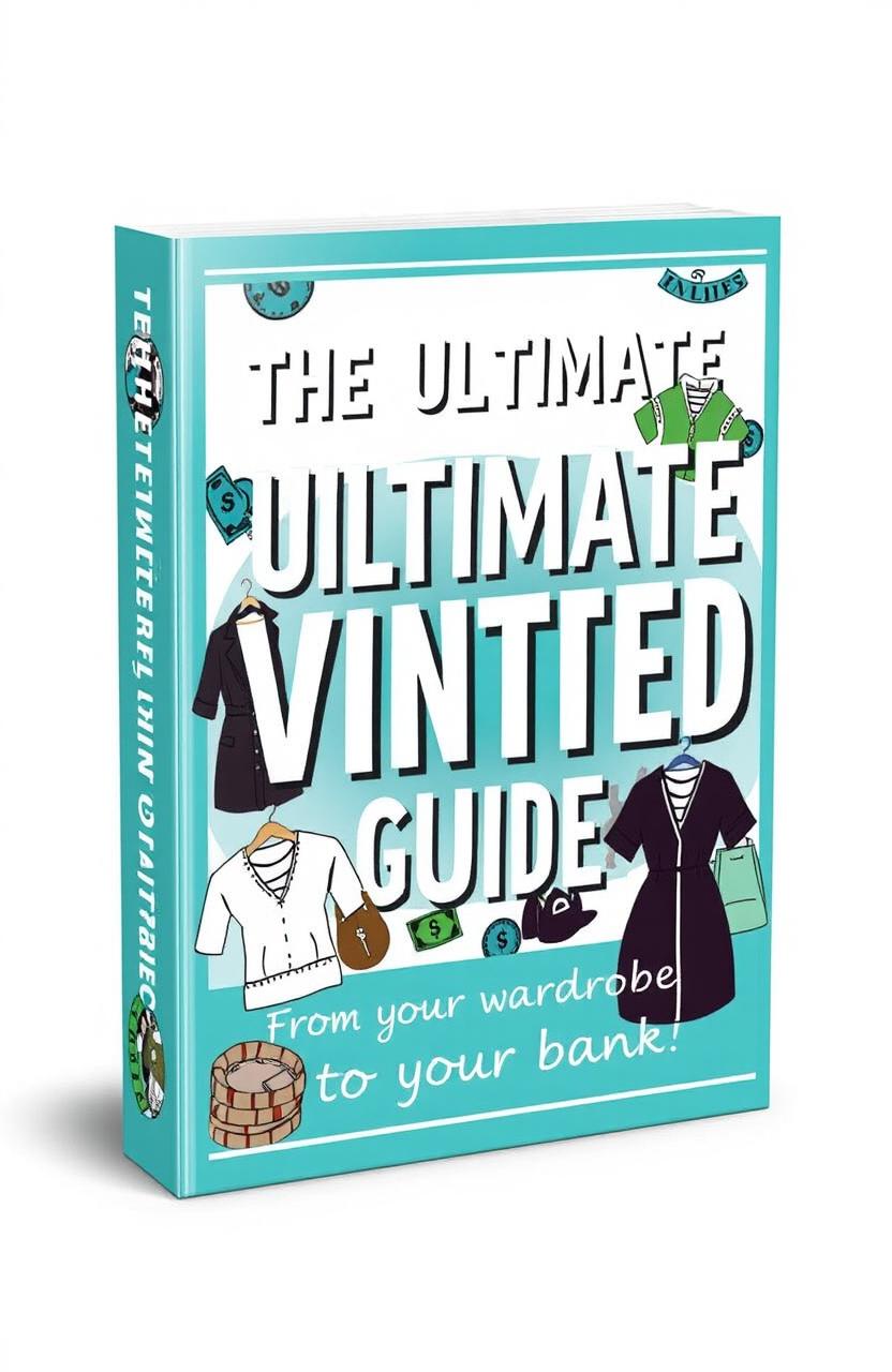 A visually striking and appealing cover for a course/book titled "THE ULTIMATE VINTED GUIDE" that showcases the journey to becoming a profitable Vinted seller