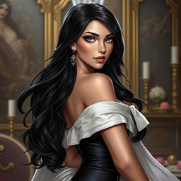 A close-up portrait of Amanda Torquatus, co-empress of the Vespermere Empire, depicted as a stunning figure on the shorter side, with long flowing black hair and captivating violet eyes that exude both beauty and authority
