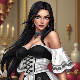 A close-up portrait of Amanda Torquatus, co-empress of the Vespermere Empire, depicted as a stunning figure on the shorter side, with long flowing black hair and captivating violet eyes that exude both beauty and authority