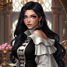 A close-up portrait of Amanda Torquatus, co-empress of the Vespermere Empire, depicted as a stunning figure on the shorter side, with long flowing black hair and captivating violet eyes that exude both beauty and authority