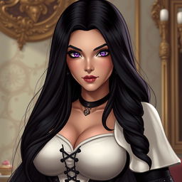 A close-up portrait of Amanda Torquatus, co-empress of the Vespermere Empire, depicted as a stunning figure on the shorter side, with long flowing black hair and captivating violet eyes that exude both beauty and authority