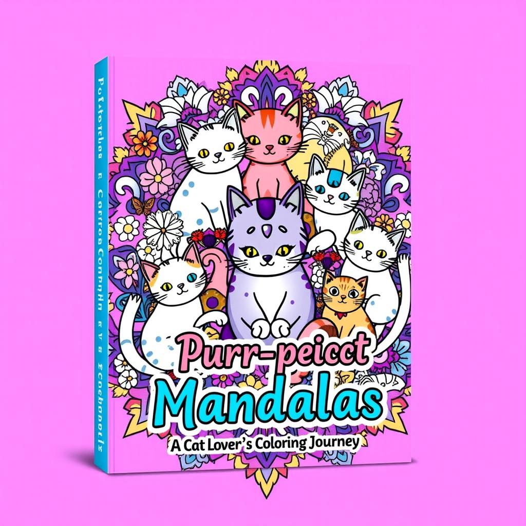 A vibrant and intricate book cover design for a coloring mandala book featuring whimsical cat motifs