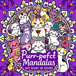 A vibrant and intricate book cover design for a coloring mandala book featuring whimsical cat motifs