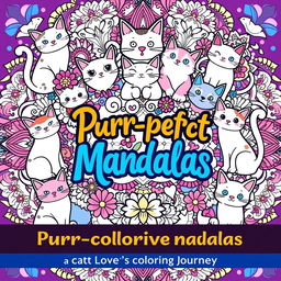 A vibrant and intricate book cover design for a coloring mandala book featuring whimsical cat motifs