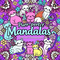 A vibrant and intricate book cover design for a coloring mandala book featuring whimsical cat motifs
