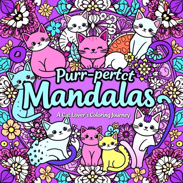 A vibrant and intricate book cover design for a coloring mandala book featuring whimsical cat motifs