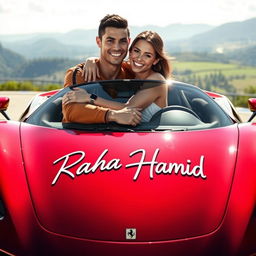 A realistic depiction of Cristiano Ronaldo and Georgina Rodriguez embracing each other by a sleek, luxury sports car