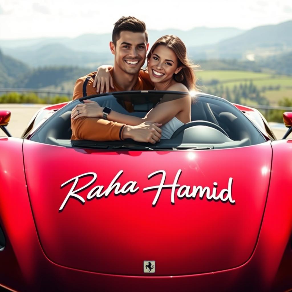 A realistic depiction of Cristiano Ronaldo and Georgina Rodriguez embracing each other by a sleek, luxury sports car