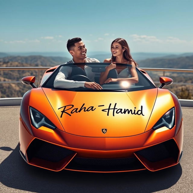 A realistic depiction of Cristiano Ronaldo and Georgina Rodriguez embracing each other by a sleek, luxury sports car