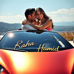 A realistic depiction of Cristiano Ronaldo and Georgina Rodriguez embracing each other by a sleek, luxury sports car