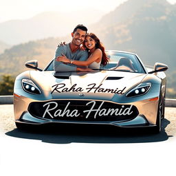 A realistic depiction of Cristiano Ronaldo and Georgina Rodriguez embracing each other by a sleek, luxury sports car