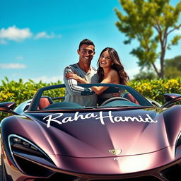 A realistic depiction of Cristiano Ronaldo and Georgina Rodriguez warmly embracing each other next to a stunning, high-performance sports car