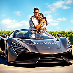A realistic depiction of Cristiano Ronaldo and Georgina Rodriguez warmly embracing each other next to a stunning, high-performance sports car