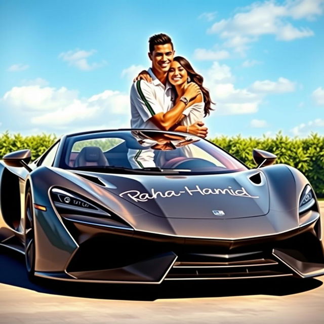 A realistic depiction of Cristiano Ronaldo and Georgina Rodriguez warmly embracing each other next to a stunning, high-performance sports car