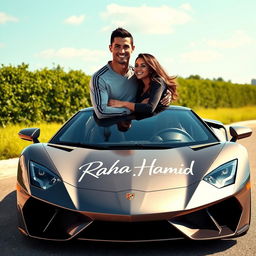 A realistic depiction of Cristiano Ronaldo and Georgina Rodriguez warmly embracing each other next to a stunning, high-performance sports car