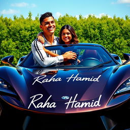 A realistic depiction of Cristiano Ronaldo and Georgina Rodriguez warmly embracing each other next to a stunning, high-performance sports car