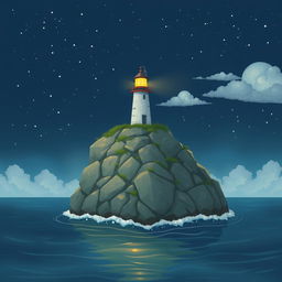 A serene nighttime scene featuring a small lighthouse perched atop a rugged small rock