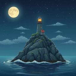 A serene nighttime scene featuring a small lighthouse perched atop a rugged small rock